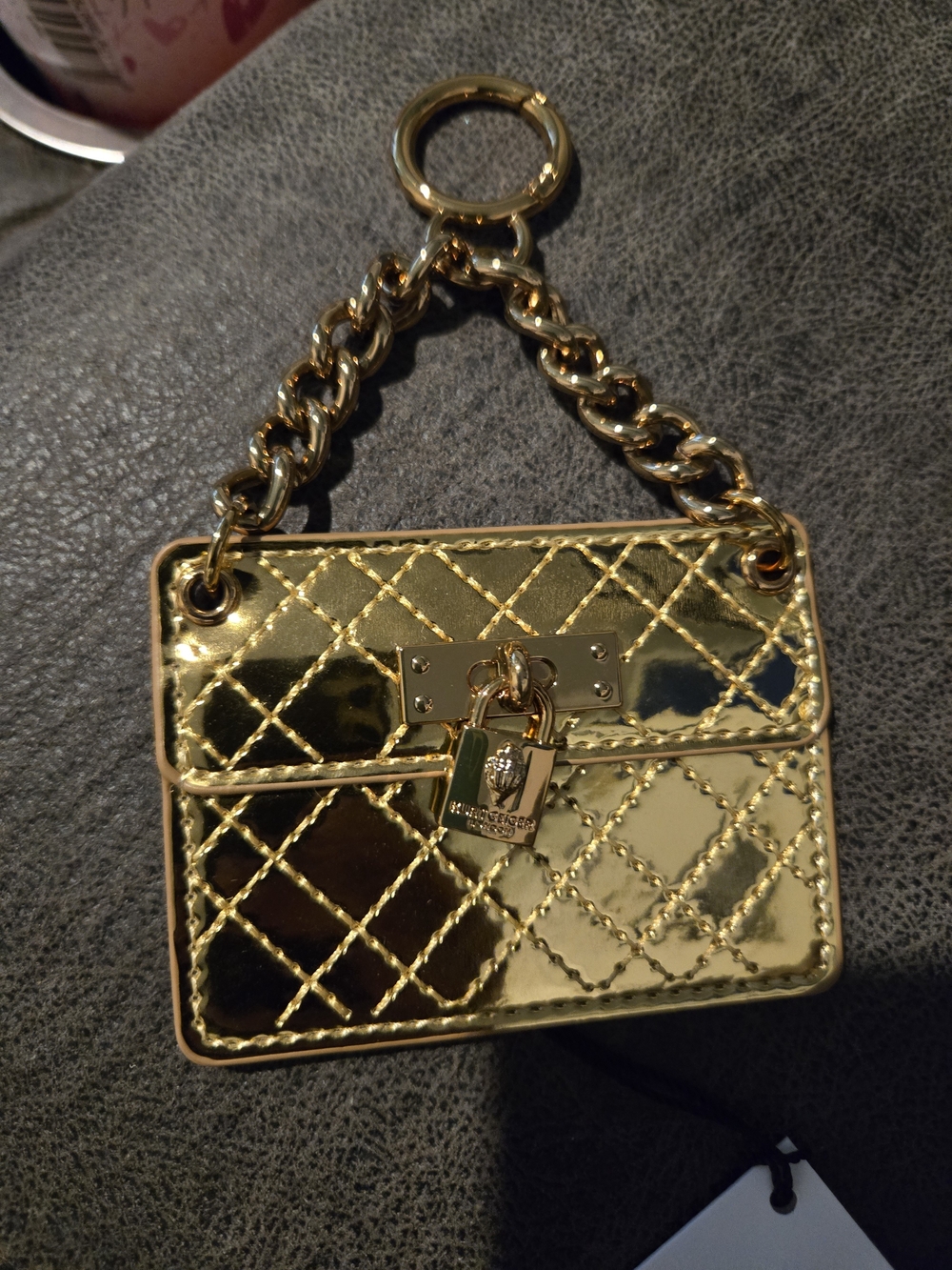 Kurt Geiger Metallic Gold Quilted Mini Bag Keyring